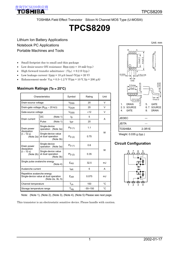 Toshiba TPCS8209 Data Sheet - Page 1
