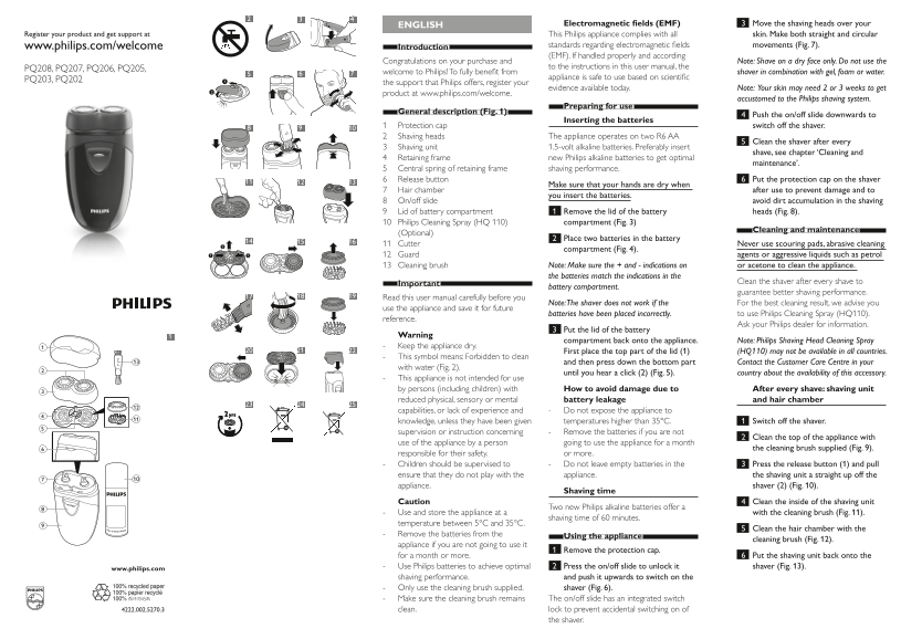 Philips Electric Shaver PQ202 16 Product Support & User Manual - Page 1