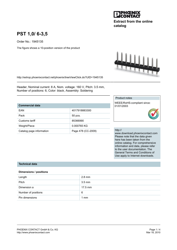 Phoenix Contact PST 1,0 6-3,5 Order No. 1945135 Product Data Manual - Figure Illustrates a 10-Position Version of the Product - Page 1
