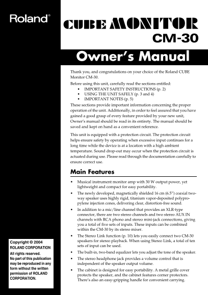 Roland CM-30 Monitoring Speaker Owner's Manual - Page 1