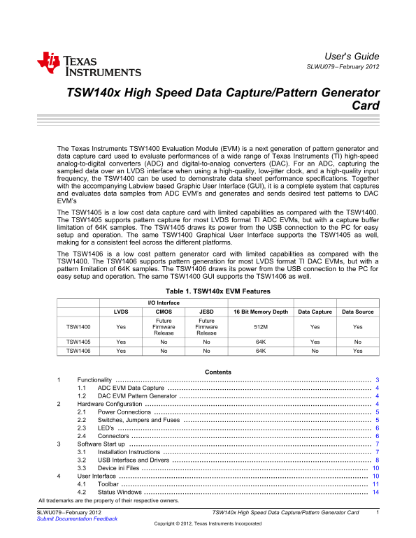 Texas Instruments TSW1400 High-Speed Data Capture Pattern Generator Card User's Manual and Specifications - Page 1