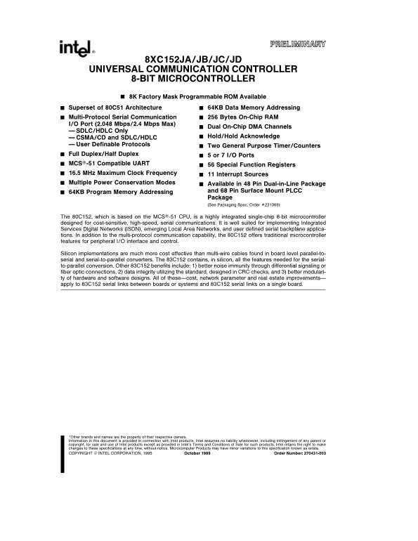 Intel 8XC152JAJBJCJD Universal Communication Controller 8-Bit Microcontroller User Manual - Page 1