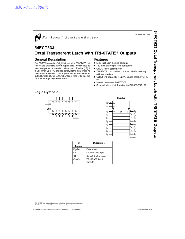 National Semiconductor 54FCT533 Octal Transparent Latch Data Sheet User Guide - Page 1