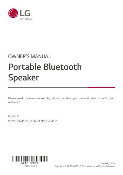 LG Wireless Bluetooth Speaker PL2. Darell K Product Manual English - Page 1