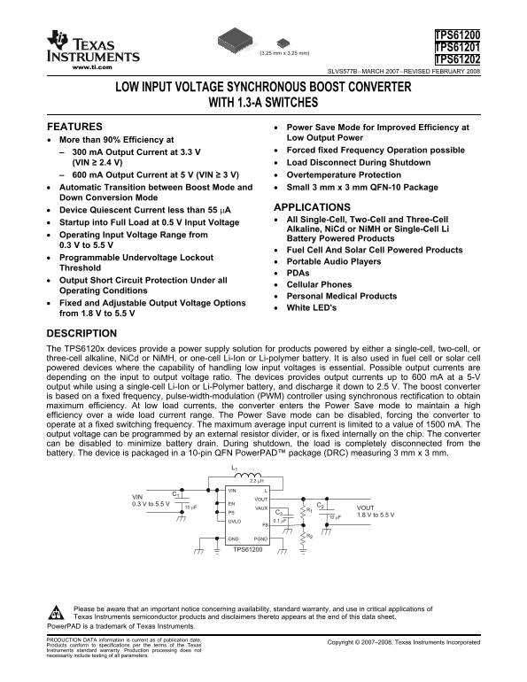 Texas Instruments - TPS61200, TPS61201, TPS61202: Low Input Voltage Synchronous Boost Converter with 1.3-A Switches - Page 1