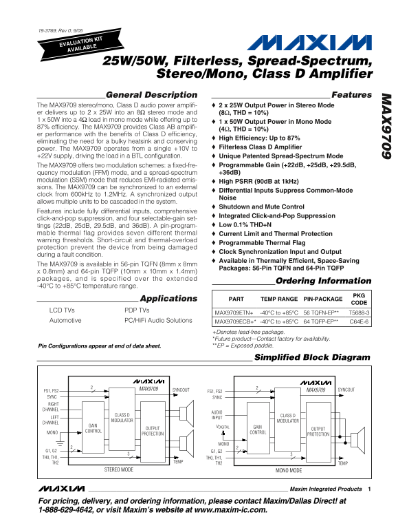 MAXIM MAX9709 25W 50W, Filterless, Spread-Spectrum, Stereo/Mono, Class-D Amplifier User Manual - Page 1