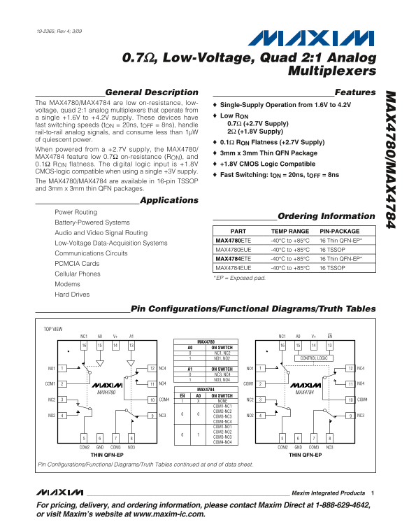 MAXIM 0.7V, Low-Voltage, Quad 2:1 Analog Multiplexers MAX4780, MAX4784 Data Handbook / Owner's Manual - Page 1