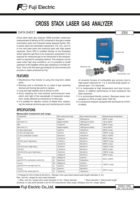 Fuji Electric ZSS Straight-Inserted Laser Gas Analyzer Product Specifications (English) - Page 1