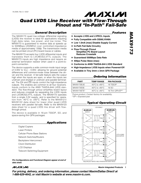 MAXIM MAX9173 Quad LVDS Line Receiver with Flow-Through Pinout and "In-Path" Fail-Safe User Manual Data Sheet - Page 1