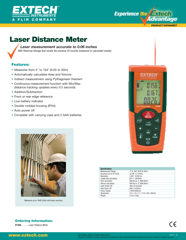 EXTECH DT300 Laser Distance Meter User's Manual - Page 1