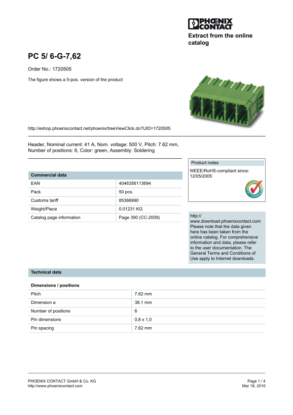 Phoenix Contact PC 5 6- G- 7,62 Product Order No. 1720505 Figure: A 5-position version of the product - Data Handbook / Owner's Manual - Page 1