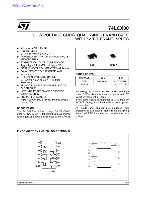 ST 74LCX00 Low Voltage CMOS Quad 2-Input NAND Gate with 5V Tolerant Inputs - Page 1