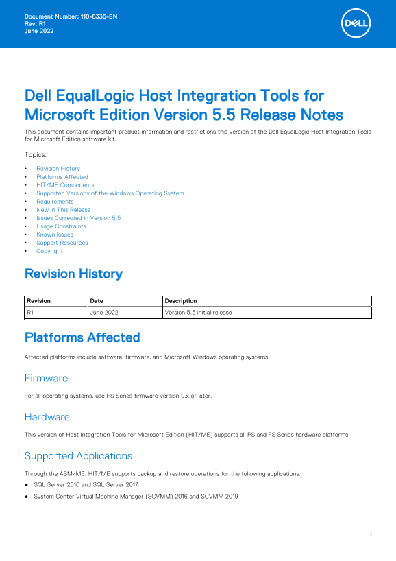 Dell EqualLogic Host Integration Tools for Microsoft Edition Version 5.5 Release Notes - Page 1