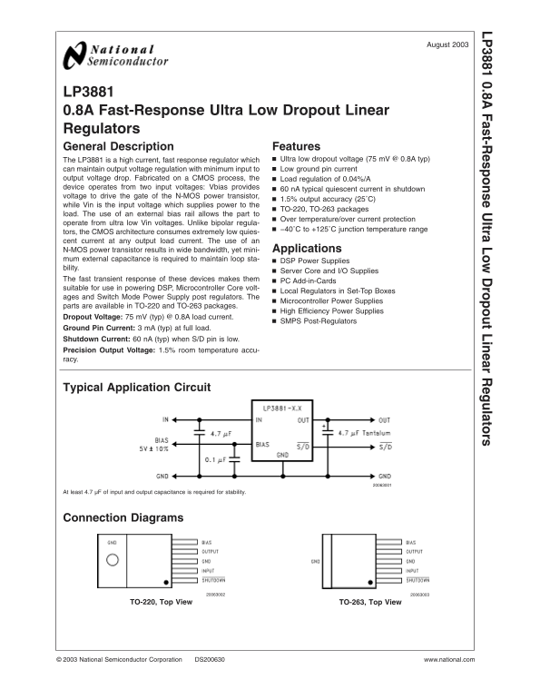 National Semiconductor LP3881 0.8A Fast Response Ultra Low Dropout Linear Regulators Data Sheet User Manual - Page 1