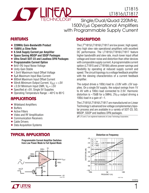 LINEAR TECHNOLOGY LT1815 Data Sheet User Guide LT1816 LT1817 Manuals and specifications - Page 1