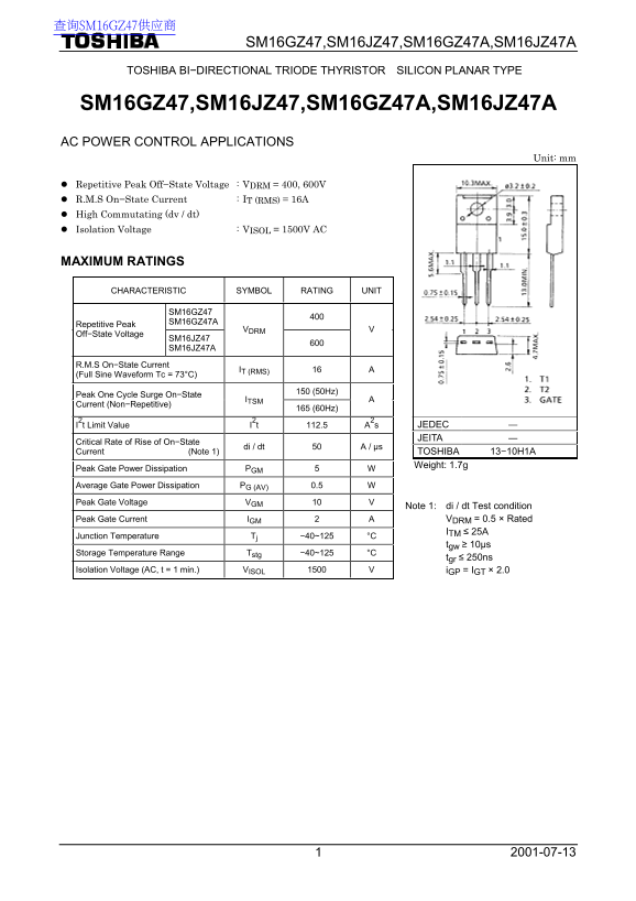 Toshiba TOSHIBA BI-DIRECTIONAL TRIODE THYRISTOR SILICON PLANAR TYPE SM16GZ47, SM16JZ47, SM16GZ47A, SM16JZ47A Data Manual - Page 1