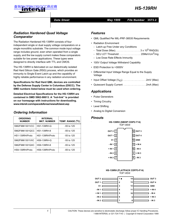 Intersil HS-139RH Radiation Hardened Quad Voltage Comparator Data Handbook - Page 1
