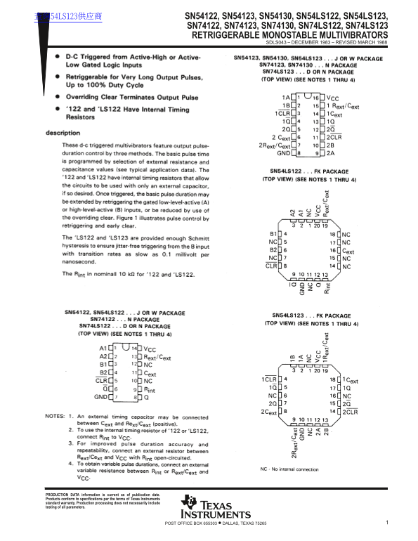 TEXAS INSTRUMENTS SN54122, SN54123, SN54130, SN54LS122, SN54LS123, SN74122, SN74123, SN74130, SN74LS122, SN74LS123 RETRIGGERABLE MONOSTABLE MULTIVIBRATORS User Manual - Page 1