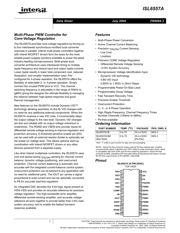 Intel(Intersil) ISL6557A Data Sheet - Page 1