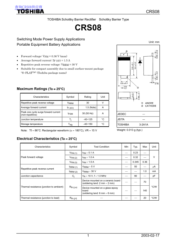 Toshiba CRS08 Data Sheet - Page 1