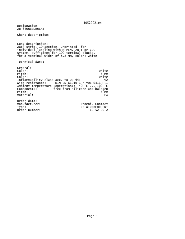 Phoenix Contact - 1052002_en Designation: ZB 8 UNBEDRUCKT Quick User Guide - Page 1
