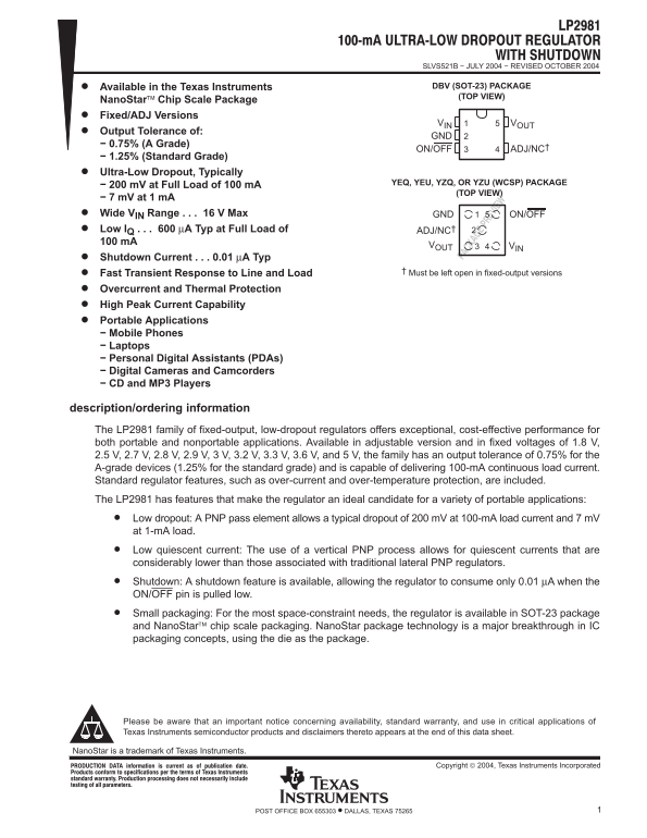 Texas Instruments LP2981 Data Sheet - Page 1