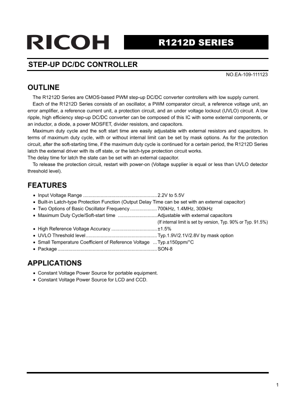 Step-Up DC-DC Controller for RICOH R1212D SERIES Data Sheet User Guide - Page 1