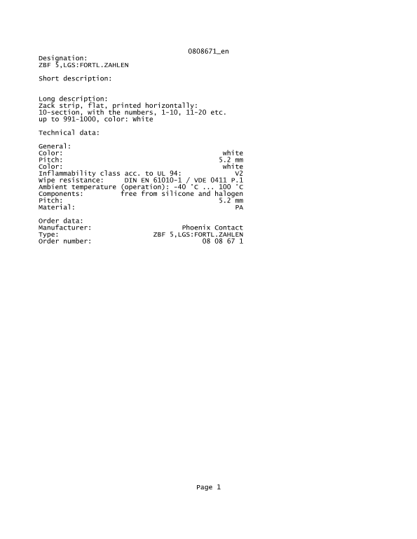 Phoenix Contact - 0808671_en Designation: ZBF 5, LGS FORTL. ZAHLEN Short Description: Long Description Zack strip - Page 1