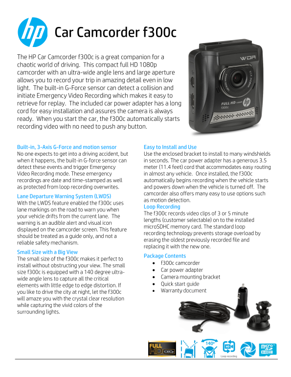 HP f300c Car Dashcam Product Information - Page 1