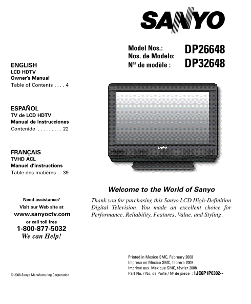 Sanyo DP26648 DP32648 User Guide and Manual - Page 1