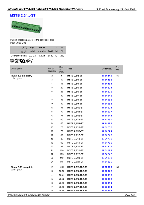 Phoenix Contact - MSTB 2,5 ... - ST Data Sheet Handbook - Page 1