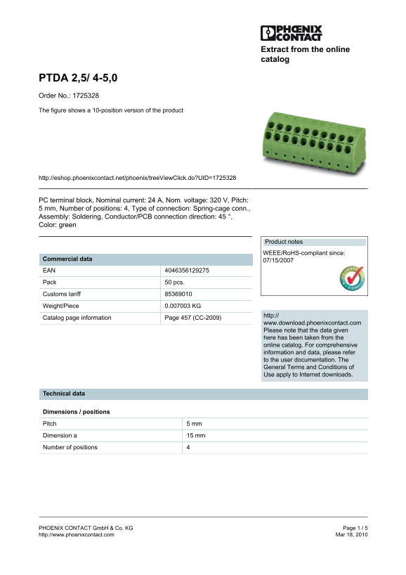 Phoenix Contact PTDA 2,5 4-5,0 Order No. 1725328 Data Sheet Manual - Page 1