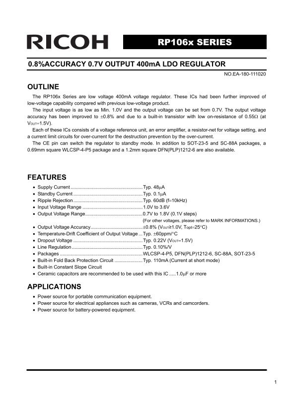 RICOH RP106x SERIES 0.8% ACCURACY 0.7V OUTPUT 400mA LDO REGULATOR Data Manual User Guide - Page 1