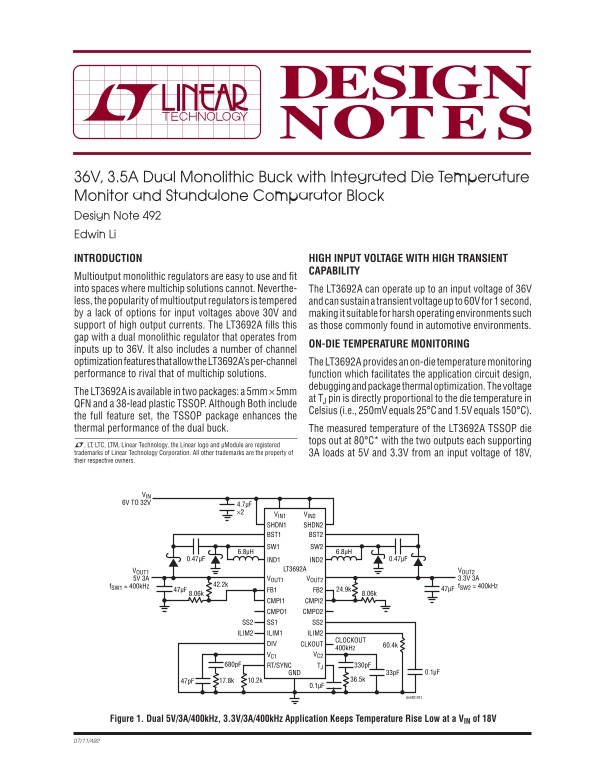 LINEAR DUAL MONOLITHIC BUCK WITH TEMP MONITOR & COMPARATOR BLOCK - DESIGN NOTE 492 LINAR 36V, 3.5A Dual Monolithic Buck with Integrated Die Temperature Monitor and Standalone Comparator Block Design Note 492 Edwin Li Owner's Manual - Page 1