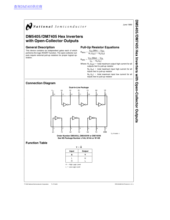 National Semiconductor DM5405 DM7405 Hex Inverters with Open-Collector Outputs - Page 1