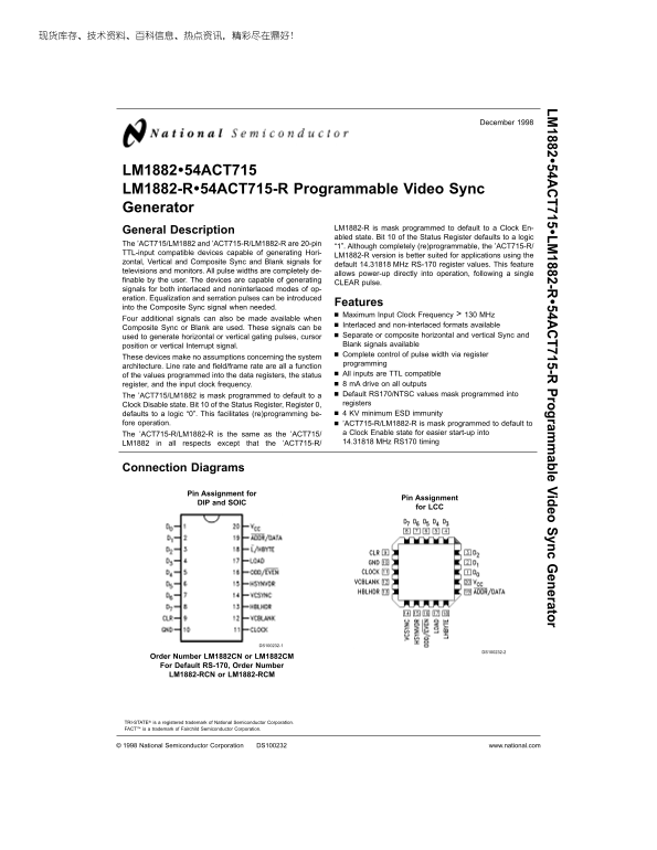 National LM1882-54ACT715 LM1882-R-54ACT715- R DATA SHEET - Page 1