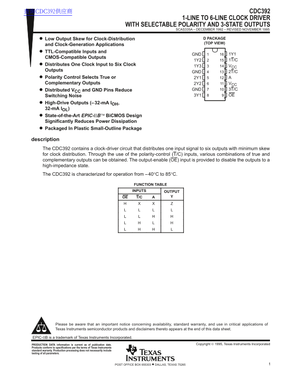 Texas Instruments CDC392 1-Line to 6-Line Clock Driver with Selectable Polarity and 3-State Outputs - Page 1