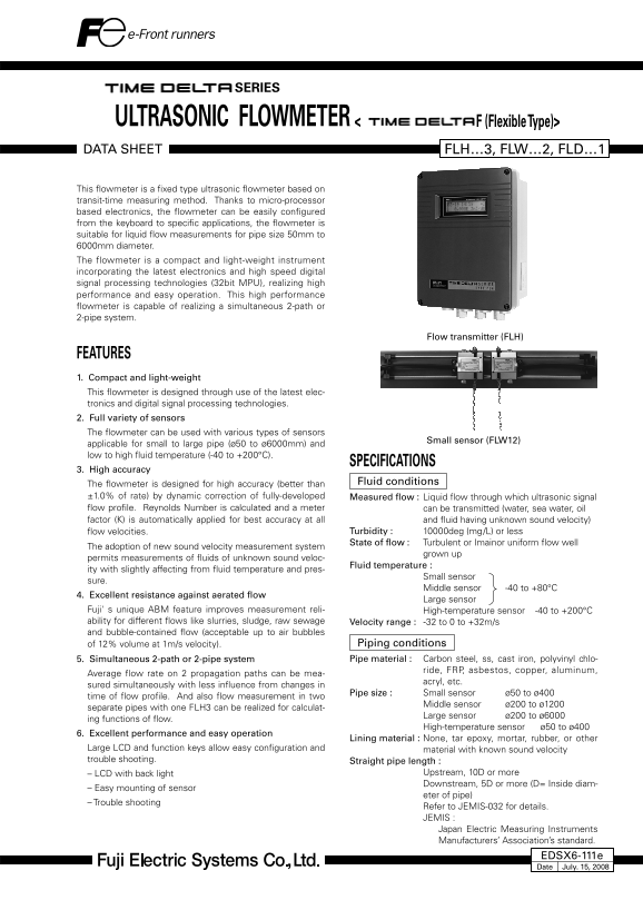 FLH/FLW Series Settings Type Ultrasonic Flow Meter (Dual Measurement Line Type) - Fuji Electric Product Specifications Manual. - Page 1