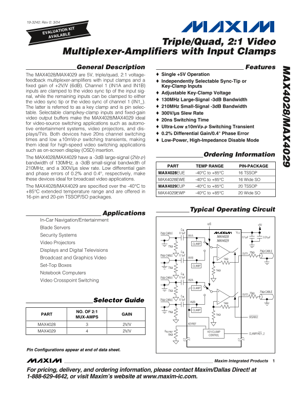 MAXIM MAX4028 MAX4029 Triple Quad, 2 1 Video Multiplexer-Amplifiers with Input Clamps - Page 1