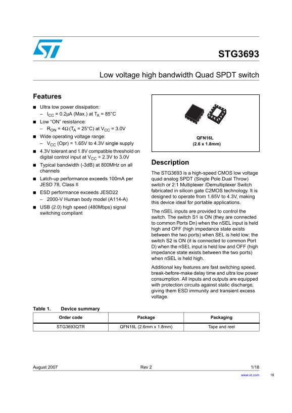 ST STG3693 Low voltage high bandwidth Quad SPDT switch - Page 1