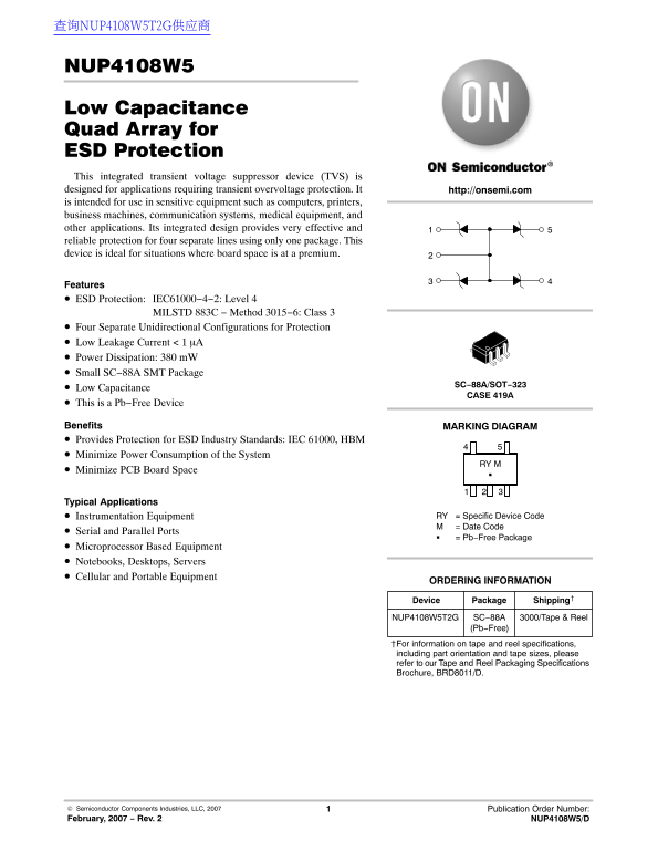 ON NUP4108W5 Low Capacitance Quad Array for ESD Protection User Guide - Data Sheet - Page 1