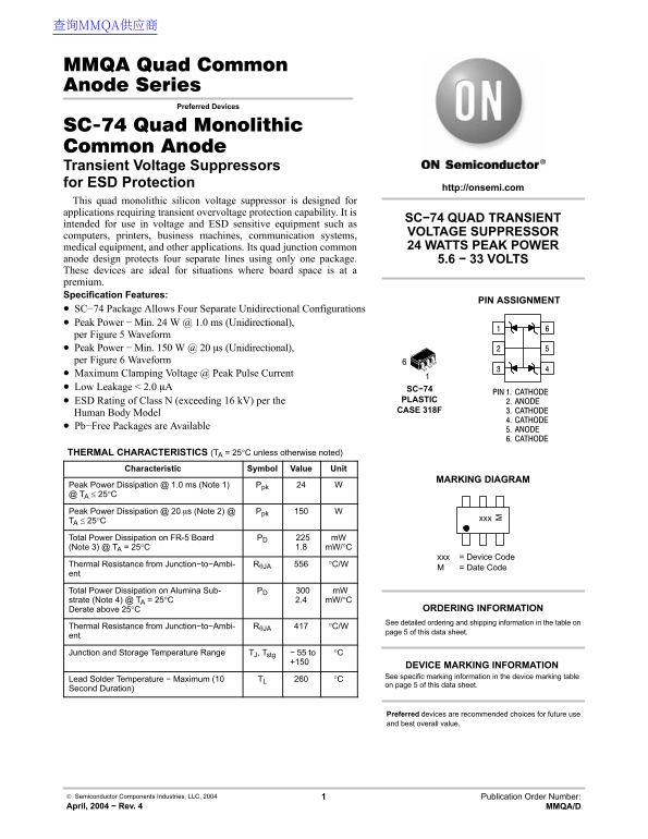 ON Semiconductor MMQA Quad Common Anode Series Data Handbook - Page 1