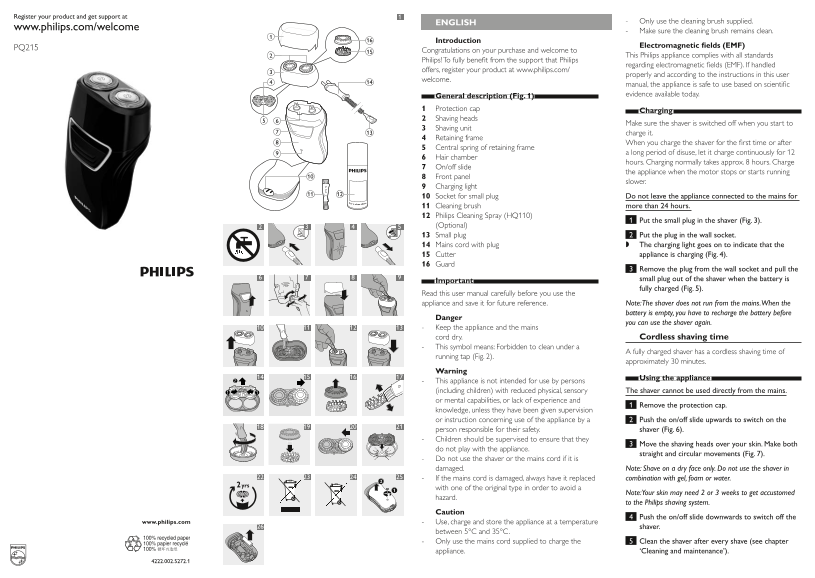 Philips PQ215 16 Electric Shaver User's Guide Support Material - Page 1