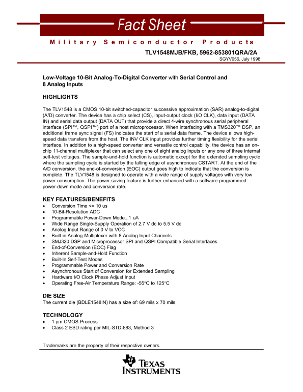 Texas Instruments - TLV1548MJB-FKB-5962-853801QRA-2A Data Converter Specifications Owner's Manual - Page 1