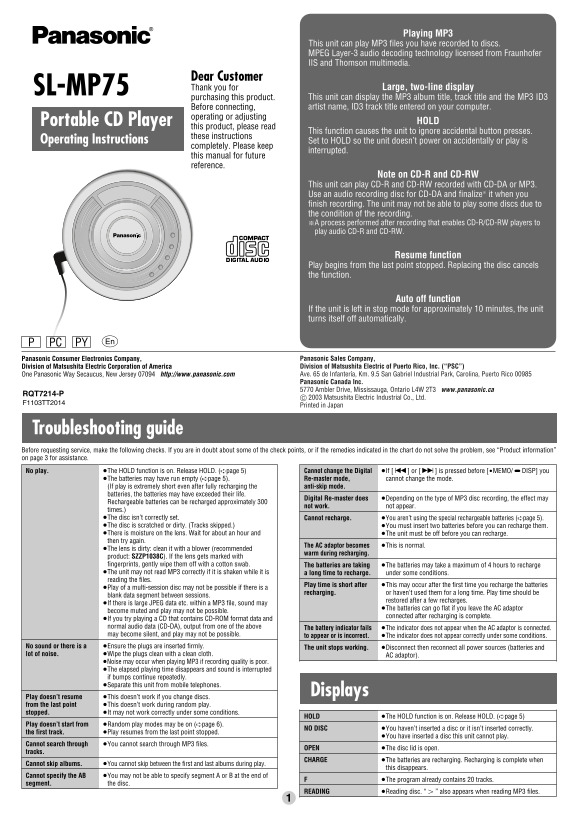 Panasonic SL-MP75 User Manual - Page 1