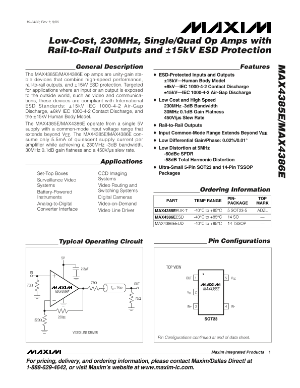 MAXIM MAX4385E MAX4386E Low-Cost, 230MHz, Single Quad Op Amps with Rail-to-Rail Outputs and ±15kV ESD Protection - Page 1