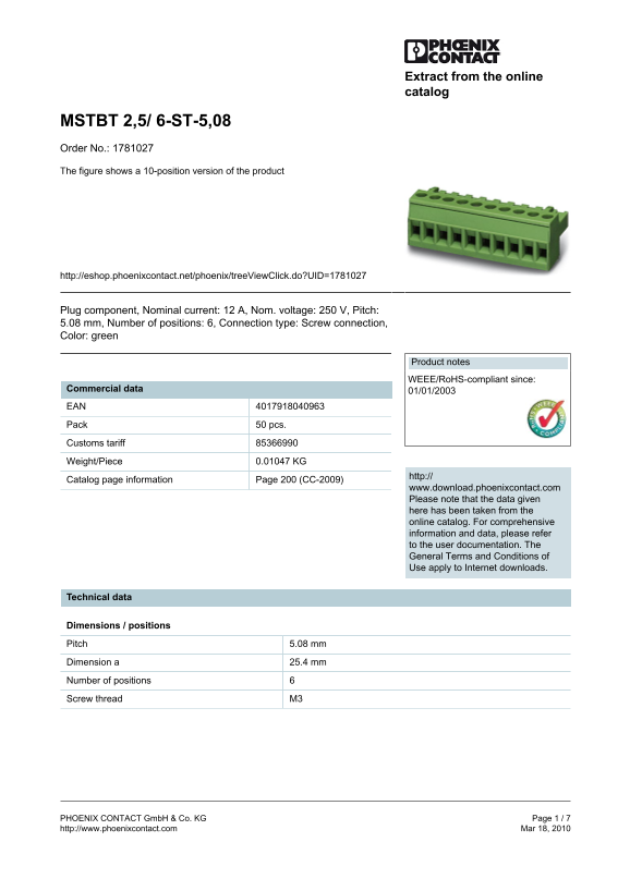 Phoenix Contact MSTBT 2,5 6-ST-5,08 Order No. 1781027 Product Data Manual - Page 1