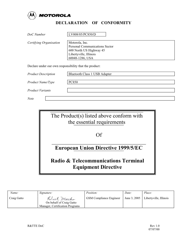 MOTOROLA LV008 05 PC850 D Data Sheet - Page 1