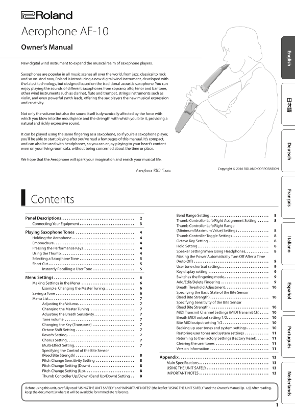 Roland Aerophone AE-10 Owner's Manual - Page 1