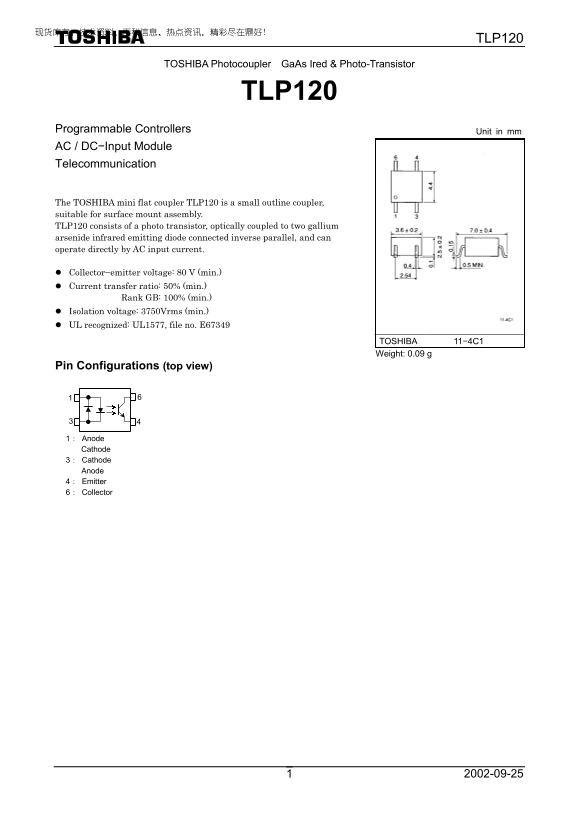 Toshiba TOSHIBA Photocoupler GaAs Ired & Photo-Transistor TLP120 Data Sheet - Page 1